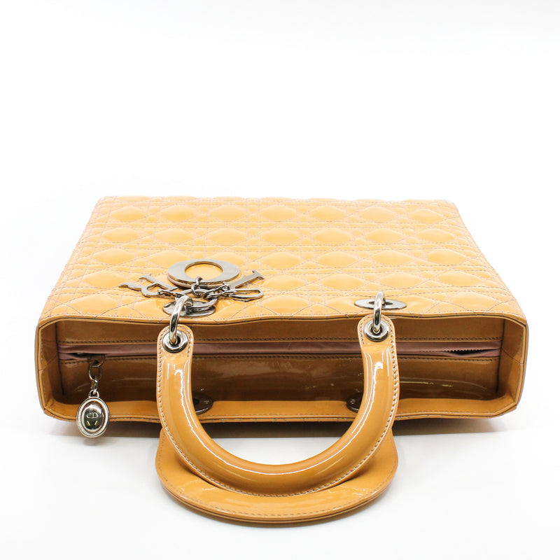 Large Cannage Lady Dior In Yellow Beige Patent Leather Handbag PHW With Strap - L'UXE LINK