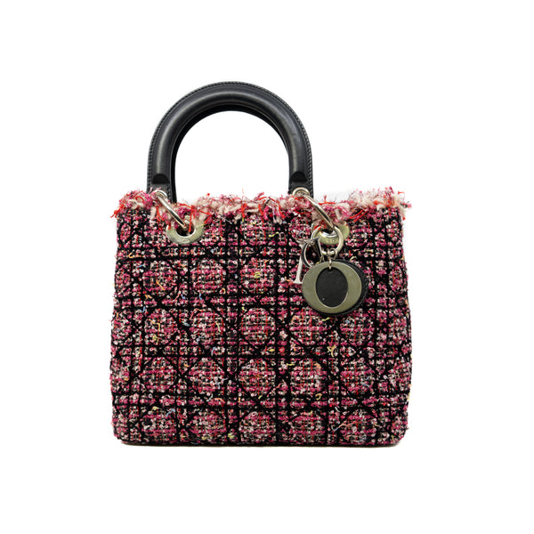 Medium Lady Dior In Pink/Black/Multicolor Tweed Fringe Cannage Embroidered Handbag PHW With Strap - L'UXE LINK