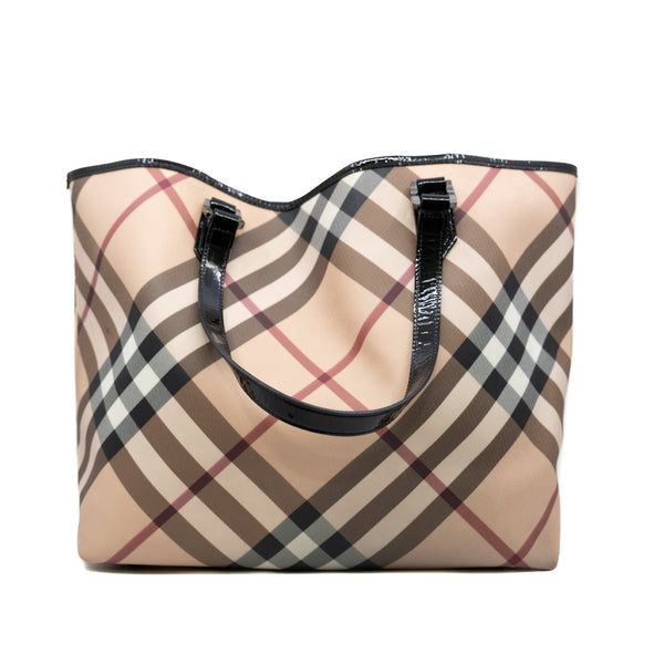 Burberry Beige Nova Check Coated Canvas and Patent Leather Nickie Tote with Pouch - L'UXE LINK