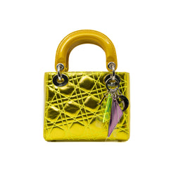 Limited Edition Mini Lady Dior In Neon Yellow/Gold Leather Handbag PHW With Strap - L'UXE LINK
