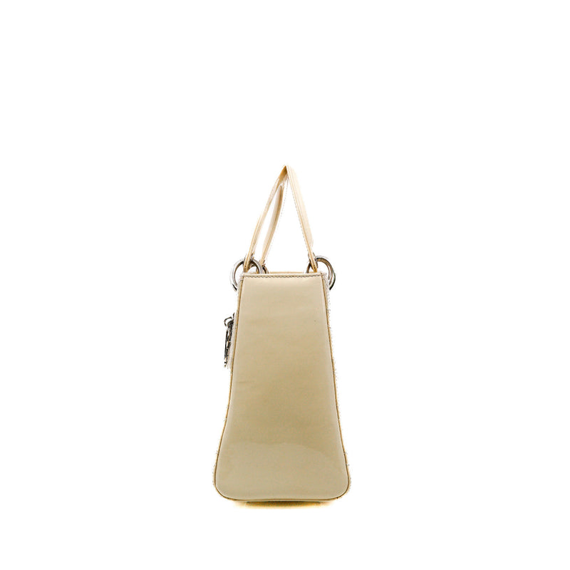 Medium Lady Dior Bag Patent Leather Beige White PHW With Strap - L'UXE LINK