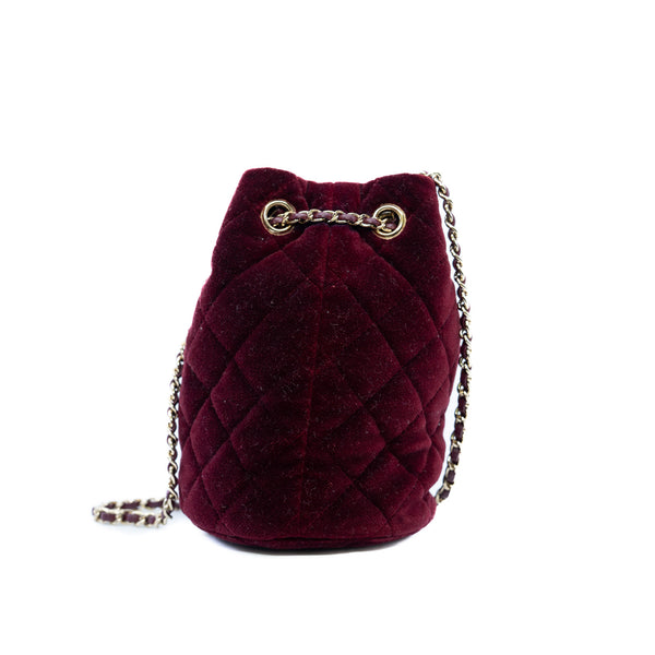 Mini Drawstring Bucket Bag Burgundy Velvet And Crystal Studded Pearl GHW Seri 30 - L'UXE LINK