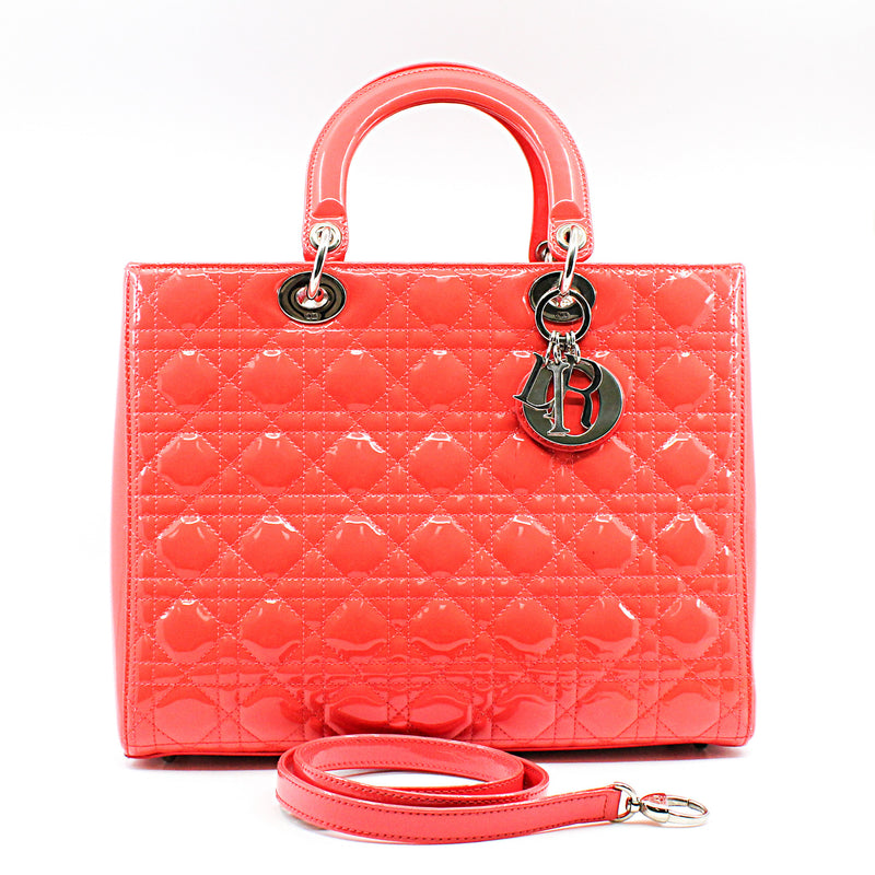 Large Cannage Lady Dior In Orange Red Patent Leather Handbag PHW With Strap - L'UXE LINK