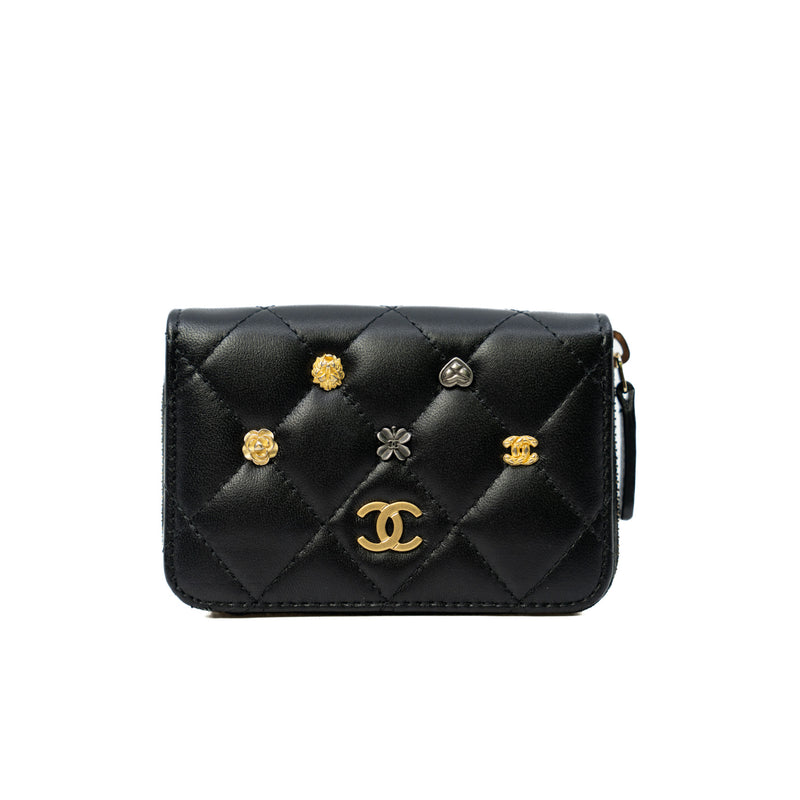 Black Lambskin Lucky Charms Zip Coin Purse - L'UXE LINK