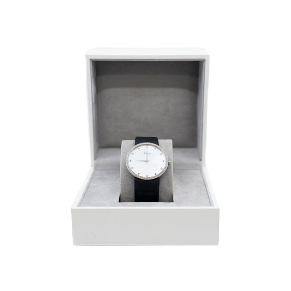 La D de Dior 38mm Quartz White MOP Diamonds Dial Black Satin Bracelet 2012 - L'UXE LINK