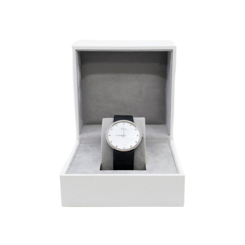 La D de Dior 38mm Quartz White MOP Diamonds Dial Black Satin Bracelet 2012 - L'UXE LINK