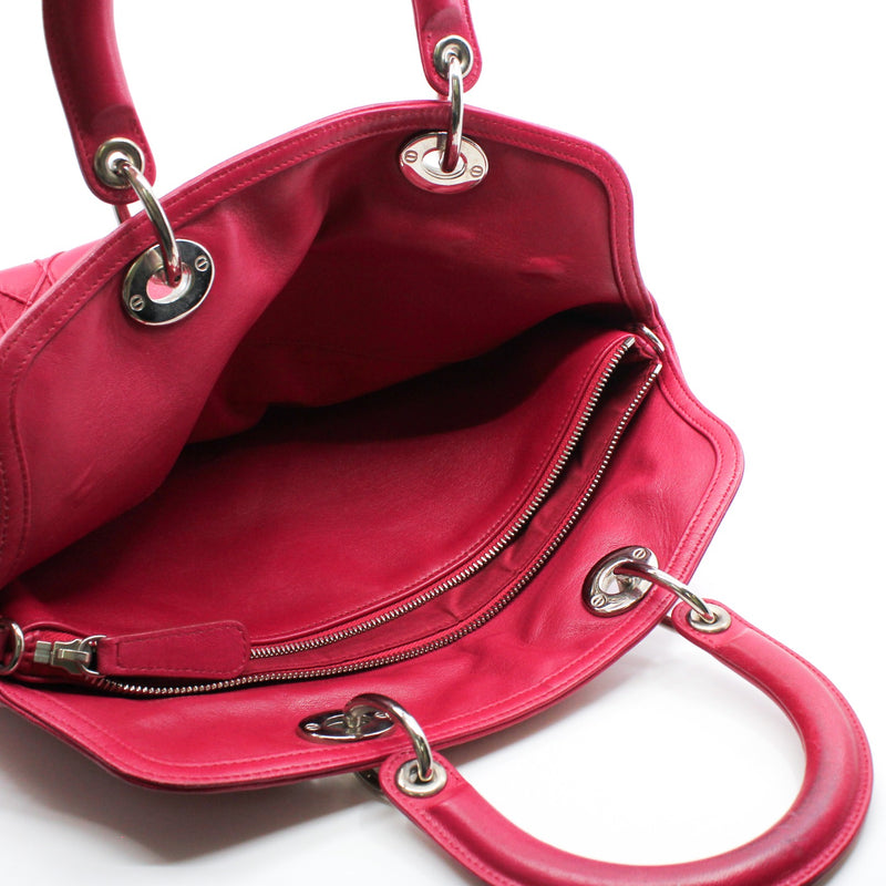 Medium Cannage Granville In Dark Pink Lambskin Tote Bag PHW With Strap - L'UXE LINK