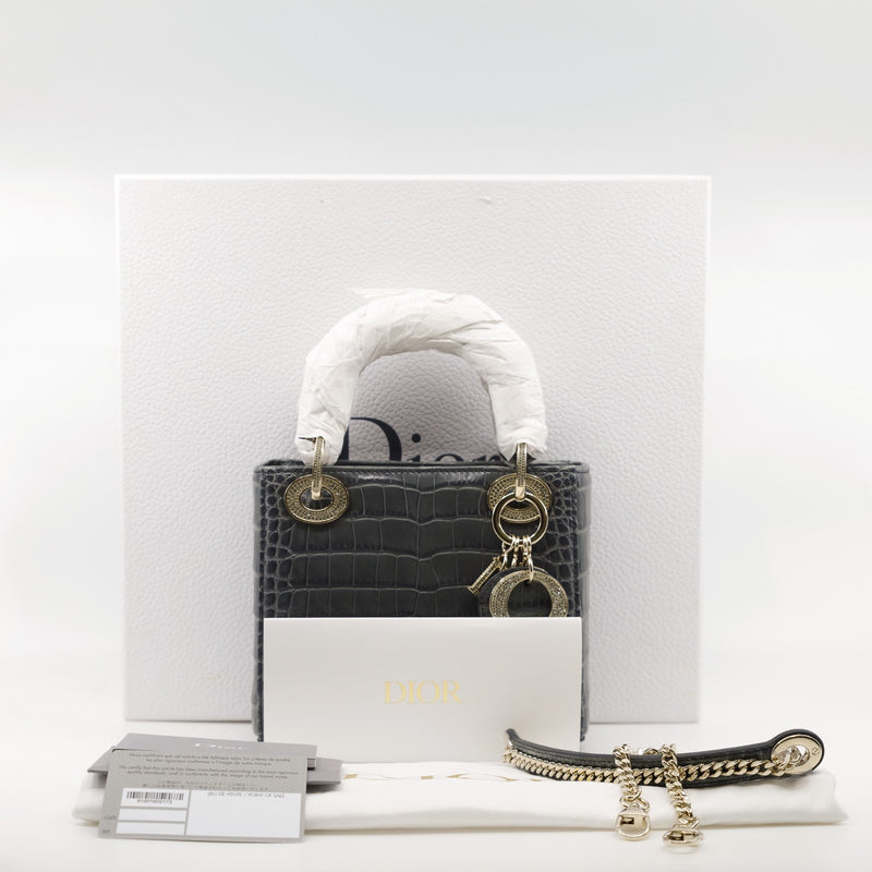 Mini Lady Dior In Grey Alligator Leather Handbag Crystal Hardware With Chain - L'UXE LINK