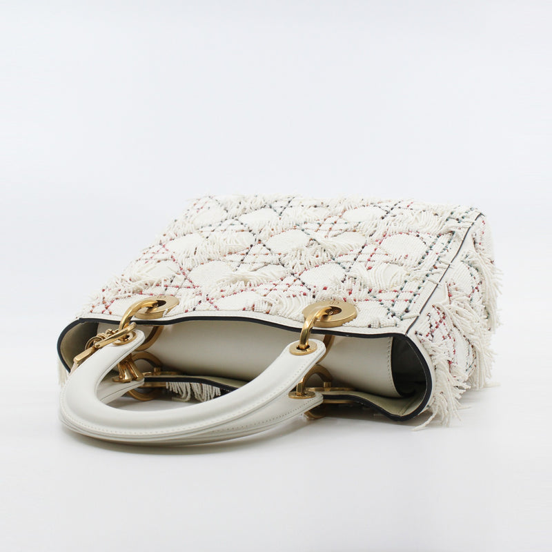 Medium Beaded Fringe Lady Dior In White Lambskin Handbag GHW With Strap