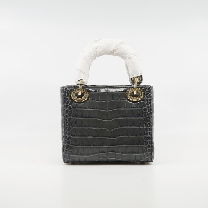 Mini Lady Dior In Grey Alligator Leather Handbag Crystal Hardware With Chain - L'UXE LINK