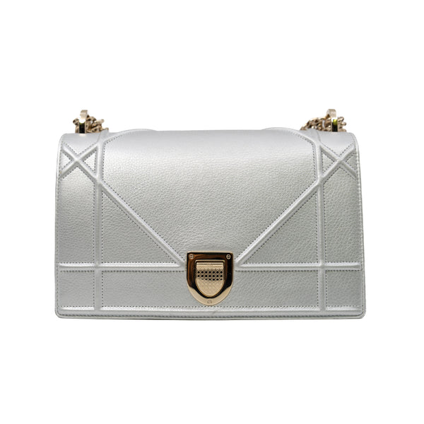 Medium Diorama In Metallic Silver Calfskin Handbag GHW