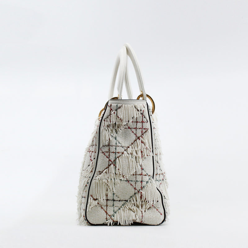 Medium Beaded Fringe Lady Dior In White Lambskin Handbag GHW With Strap