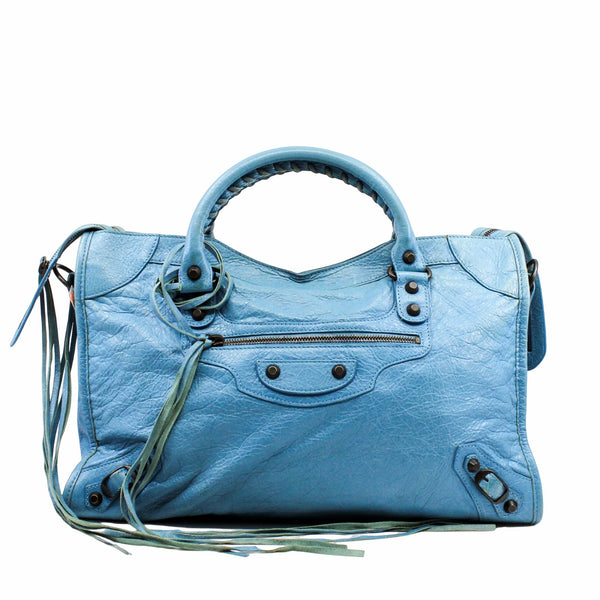 CITY CLASSIC STUDS BAG MEDIUM LEATHER BLUE ANTIQUE BRASS HARDWARE - L'UXE LINK