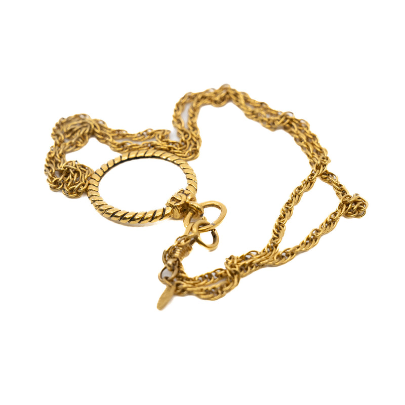 vintage long necklace with cc logo and crystal loupe in gold