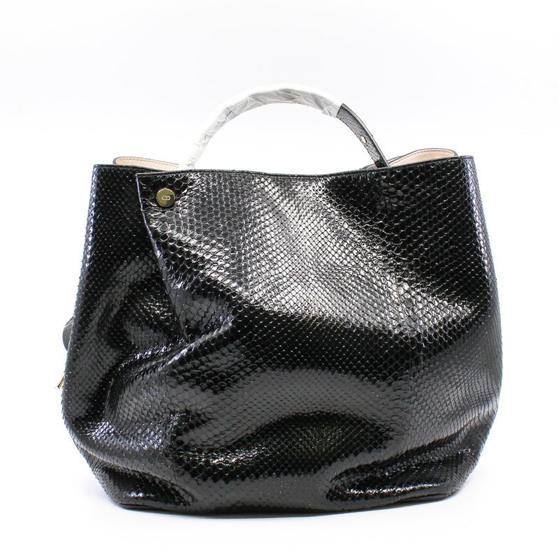 Black Python Leather Diorific Sequin Embroidered Patch Bucket Handbag GHW