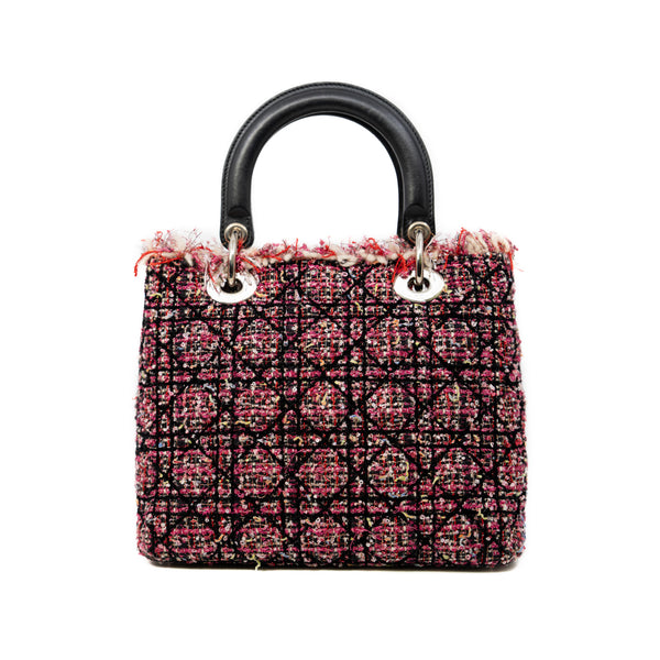 Medium Lady Dior In Pink/Black/Multicolor Tweed Fringe Cannage Embroidered Handbag PHW With Strap - L'UXE LINK