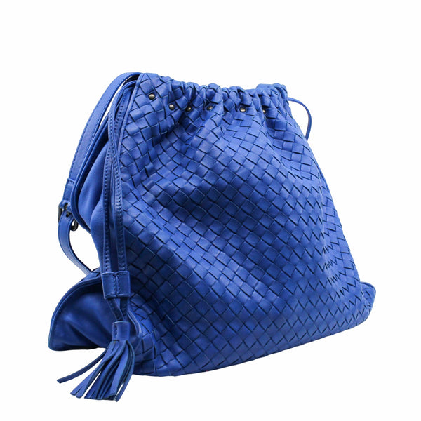 Drawstring Tassel Tote Intrecciato Nappa leather blue - L'UXE LINK