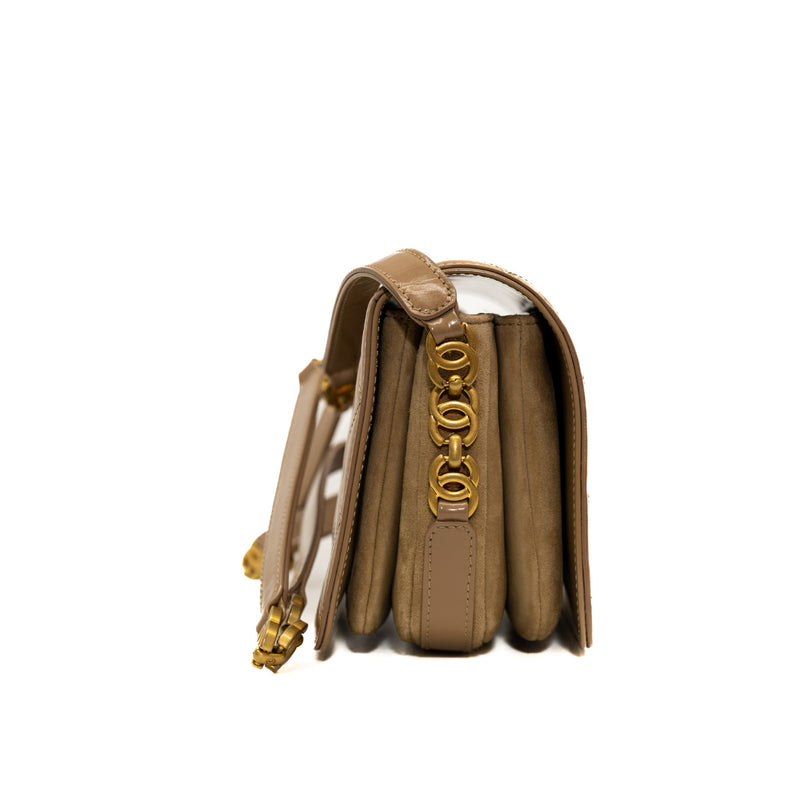 Mini Beige Shiny Calfskin Quilted Messenger Flap Bag GHW - L'UXE LINK