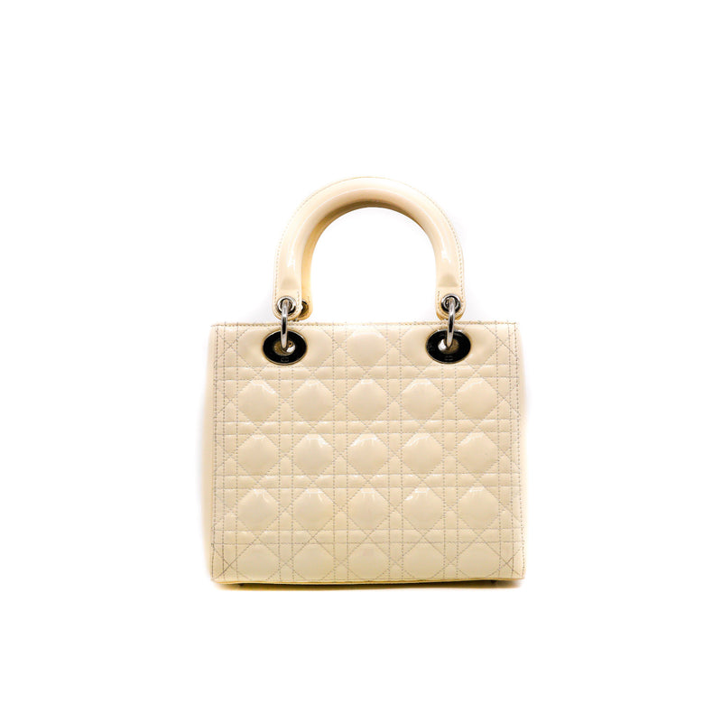 Medium Lady Dior Bag Patent Leather Beige White PHW With Strap - L'UXE LINK