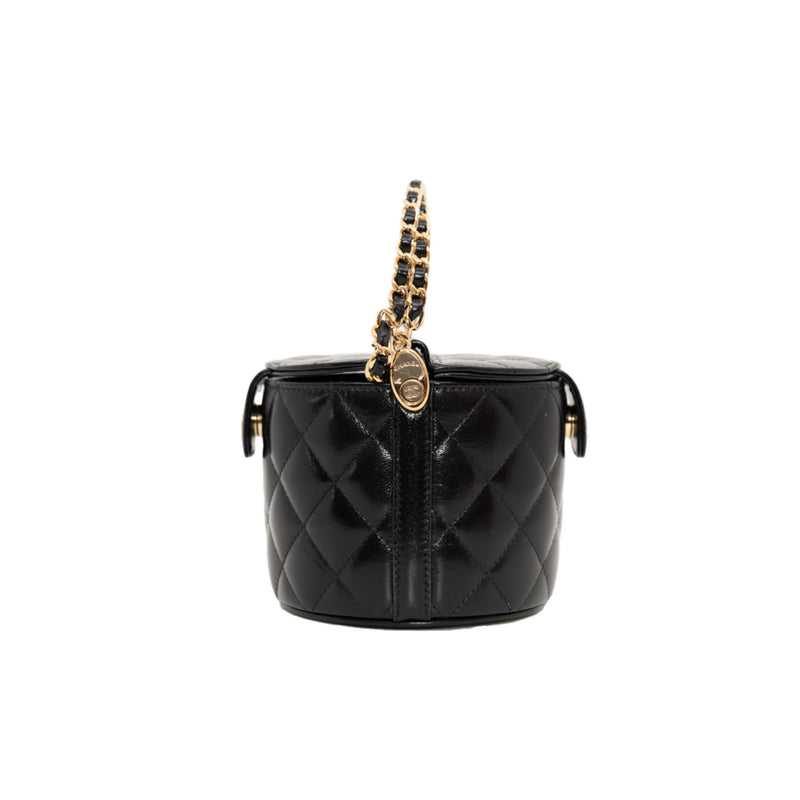 Double Sided In Black Shiny Lambskin Quilted Round Top Handle Vanity Bag GHW With Chain - L'UXE LINK