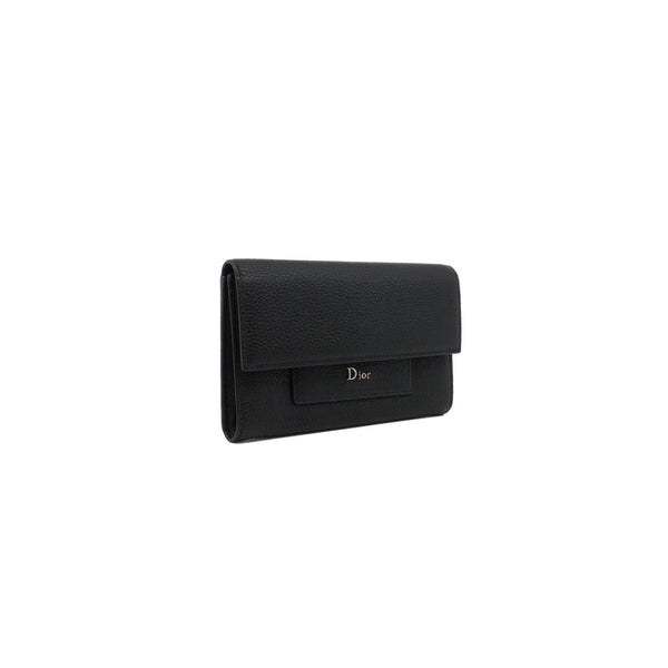 Black Calfskin Trifold Snap Flap Long Wallet PHW - L'UXE LINK