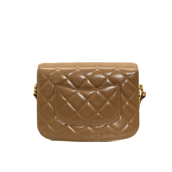 Mini Beige Shiny Calfskin Quilted Messenger Flap Bag GHW - L'UXE LINK