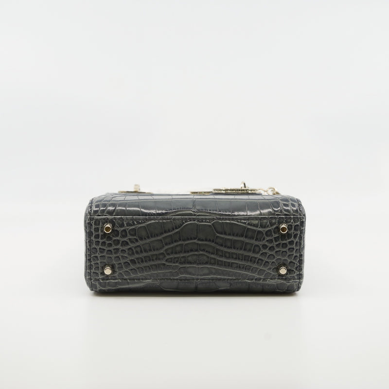 Mini Lady Dior In Grey Alligator Leather Handbag Crystal Hardware With Chain - L'UXE LINK