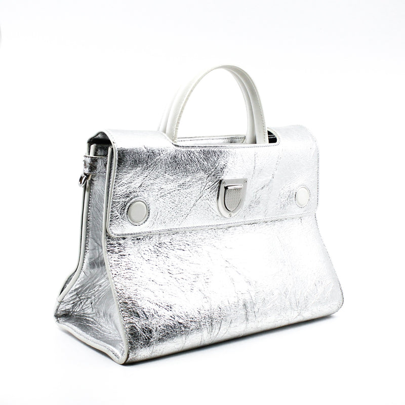 Medium Diorever In Metallic Silver Calfskin Flap Bag PHW With Strap - L'UXE LINK