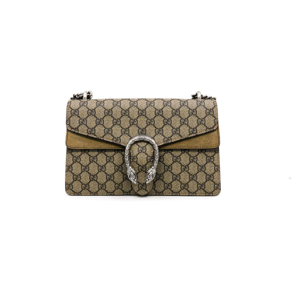 Dionysus medium printed coated-canvas and suede shoulder bag in brown color