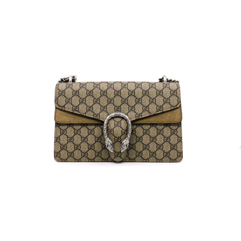 Dionysus medium printed coated-canvas and suede shoulder bag in brown color