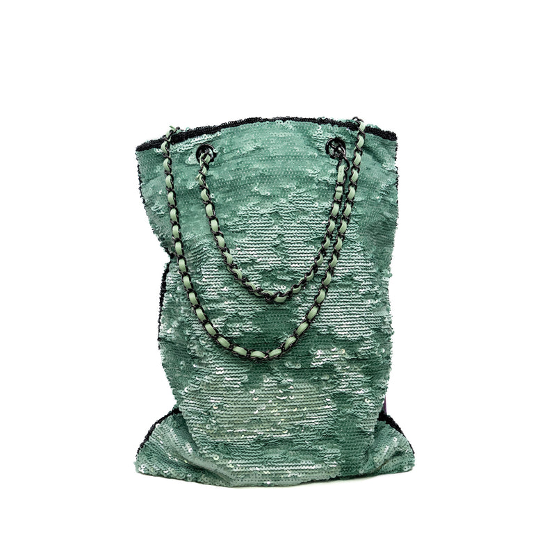 Sequin logo shopping tote black green