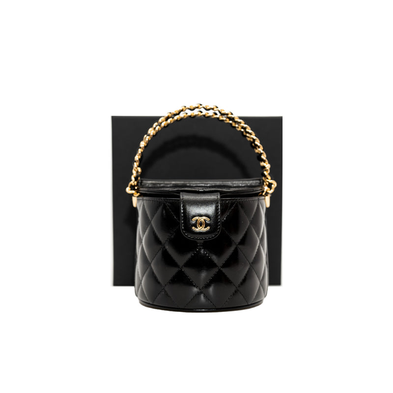 Double Sided In Black Shiny Lambskin Quilted Round Top Handle Vanity Bag GHW With Chain - L'UXE LINK