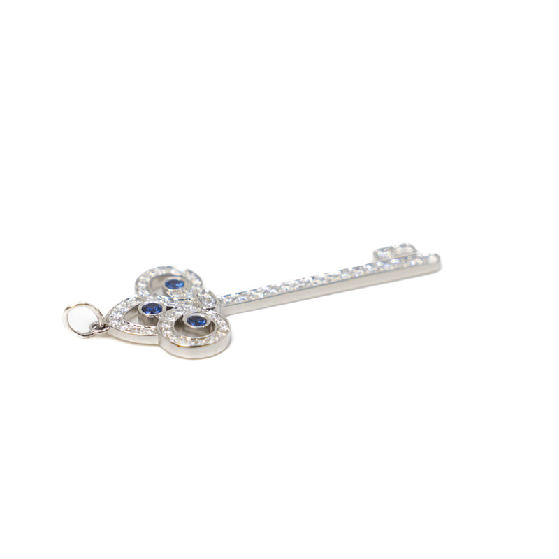 Platinum Fleur De Lis Diamonds And Blue Sapphire Key Pendant - L'UXE LINK