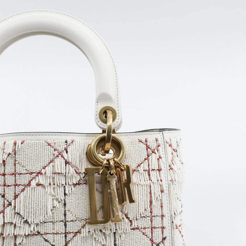 Medium Beaded Fringe Lady Dior In White Lambskin Handbag GHW With Strap