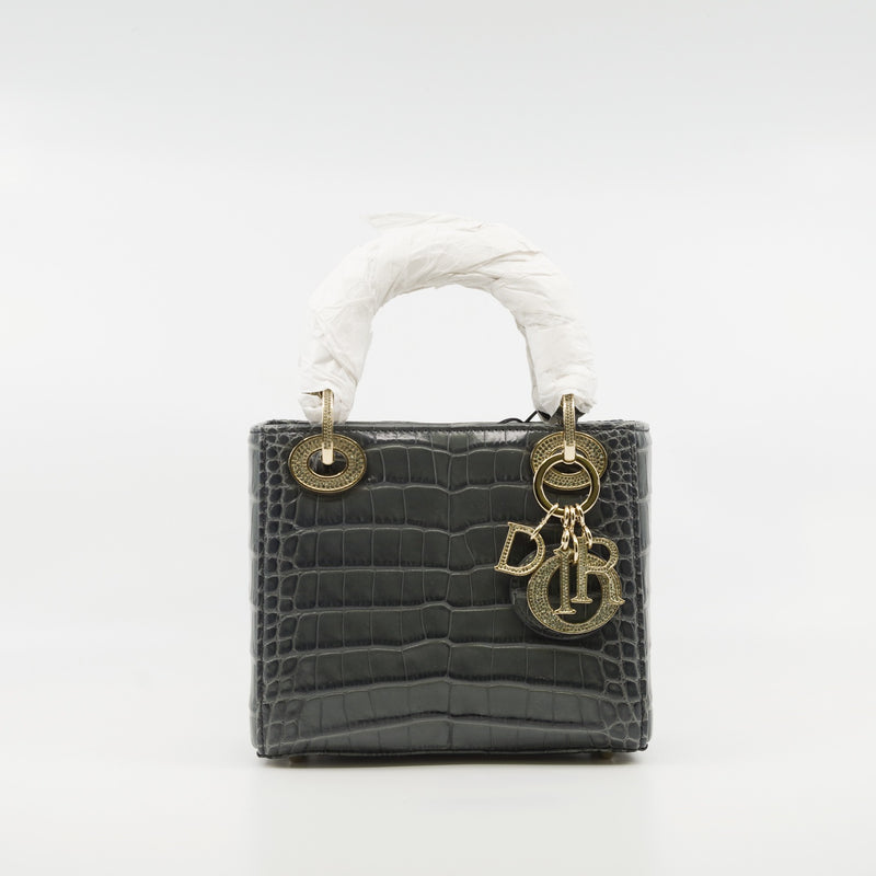 Mini Lady Dior In Grey Alligator Leather Handbag Crystal Hardware With Chain - L'UXE LINK