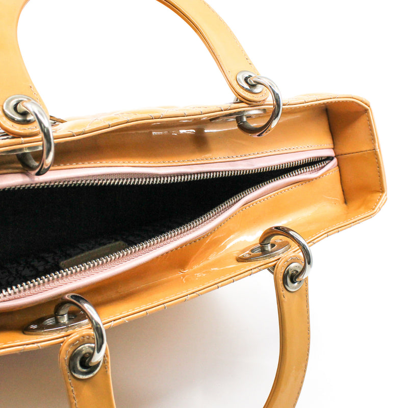 Large Cannage Lady Dior In Yellow Beige Patent Leather Handbag PHW With Strap - L'UXE LINK