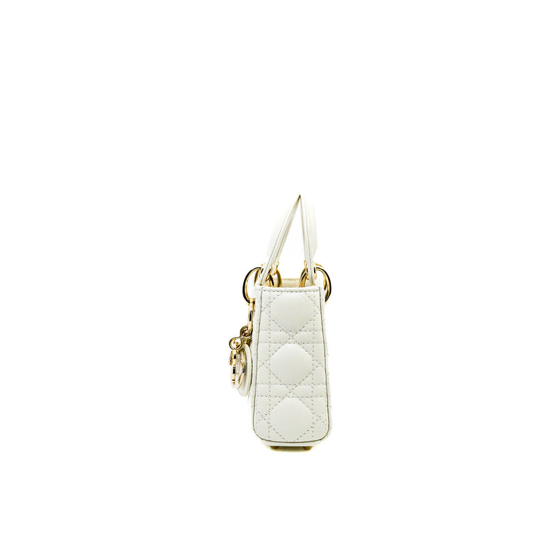 Micro Lady Dior In White Lambskin Bag GHW With Strap - L'UXE LINK