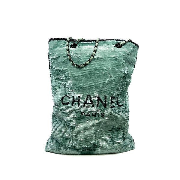 Sequin logo shopping tote black green