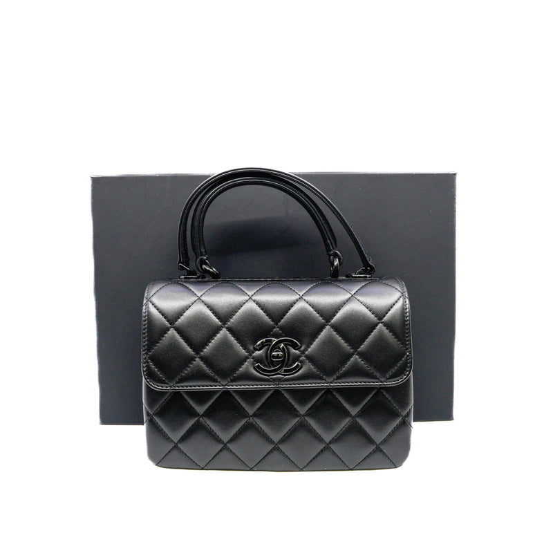 small trendy cc flap bag with top handle  so black lambskin