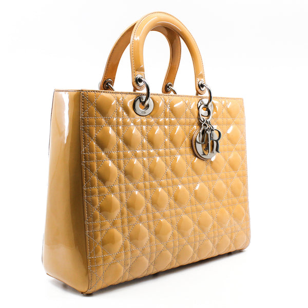 Large Cannage Lady Dior In Yellow Beige Patent Leather Handbag PHW With Strap - L'UXE LINK