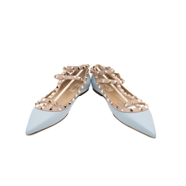 Garavani Rockstud Pointed Toe Ballerina in leather baby blue ghw #38