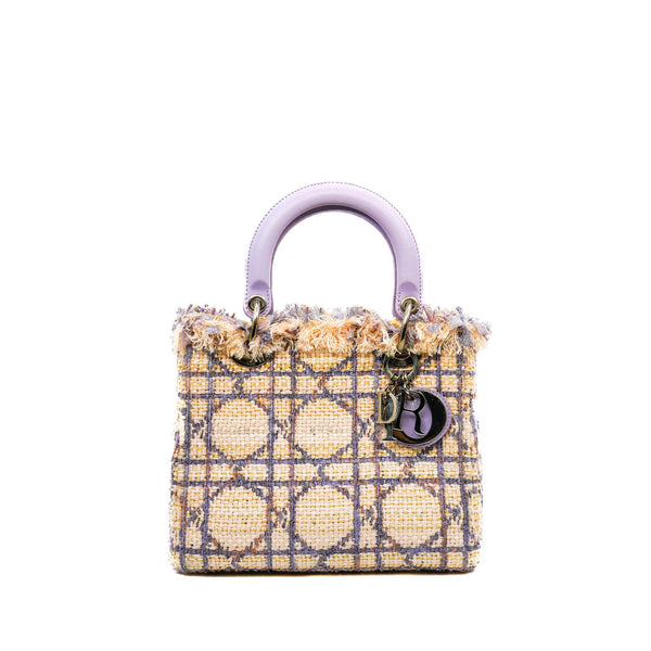 Medium Lady Dior In Beige/Purple Tweed Cannage Handbag PHW (No Strap)