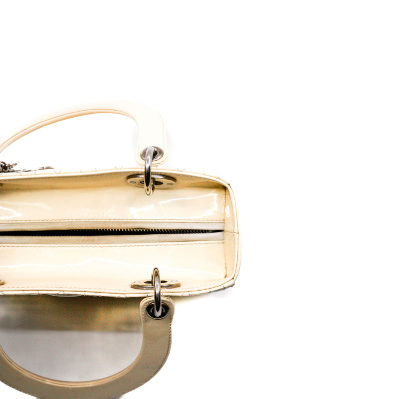 Medium Lady Dior Bag Patent Leather Beige White PHW With Strap - L'UXE LINK