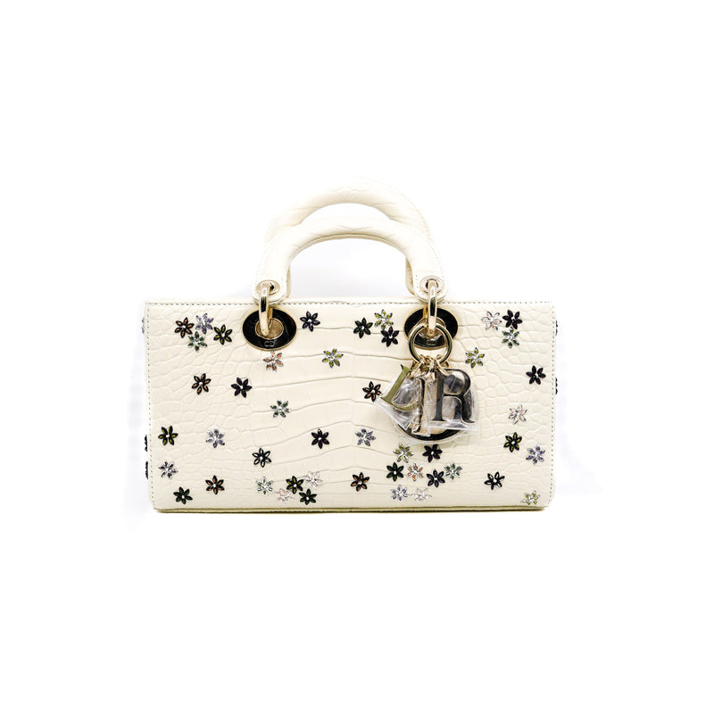 D-Joy  Bag in white Crocodile with crystal flower PHW