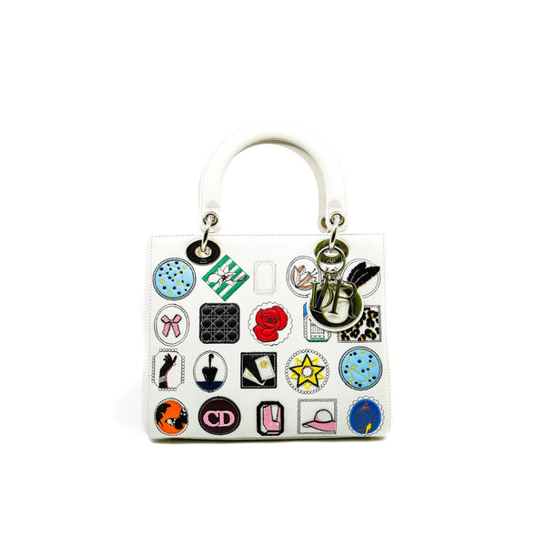 Medium Lady Dior In White Patch Embellished Leather Handbag PHW (No Strap)