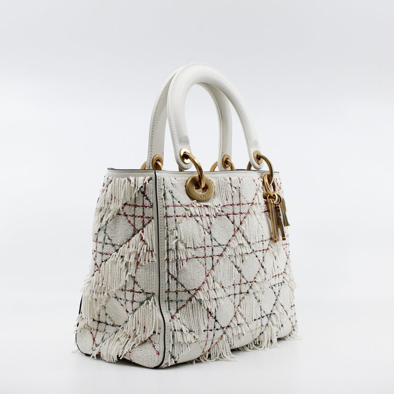Medium Beaded Fringe Lady Dior In White Lambskin Handbag GHW With Strap