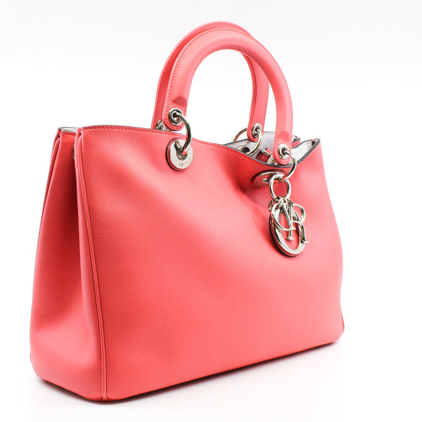 Medium Diorissimo In Coral Pink Calfskin Handbag PHW With Strap - L'UXE LINK