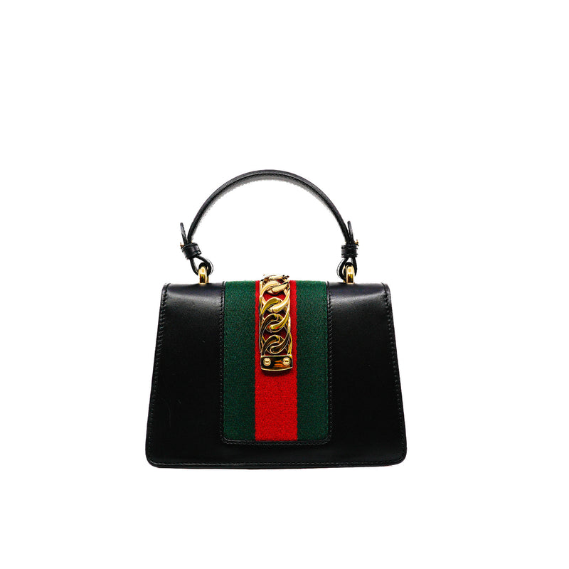 Mini Sylvie Black Leather Top Handle Bag Ghw with Strap - L'UXE LINK