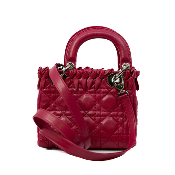 Mini Lady Dior In Fuchsia Lambskin Cannage Bow Handbag PHW - L'UXE LINK