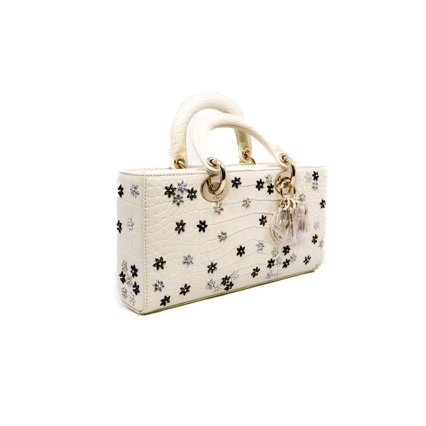 D-Joy  Bag in white Crocodile with crystal flower PHW